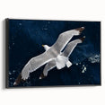 Framed canvas wall art featuring a vibrant sea bird design, showcasing various colorful birds against a serene blue background, perfect for coastal-themed decor.