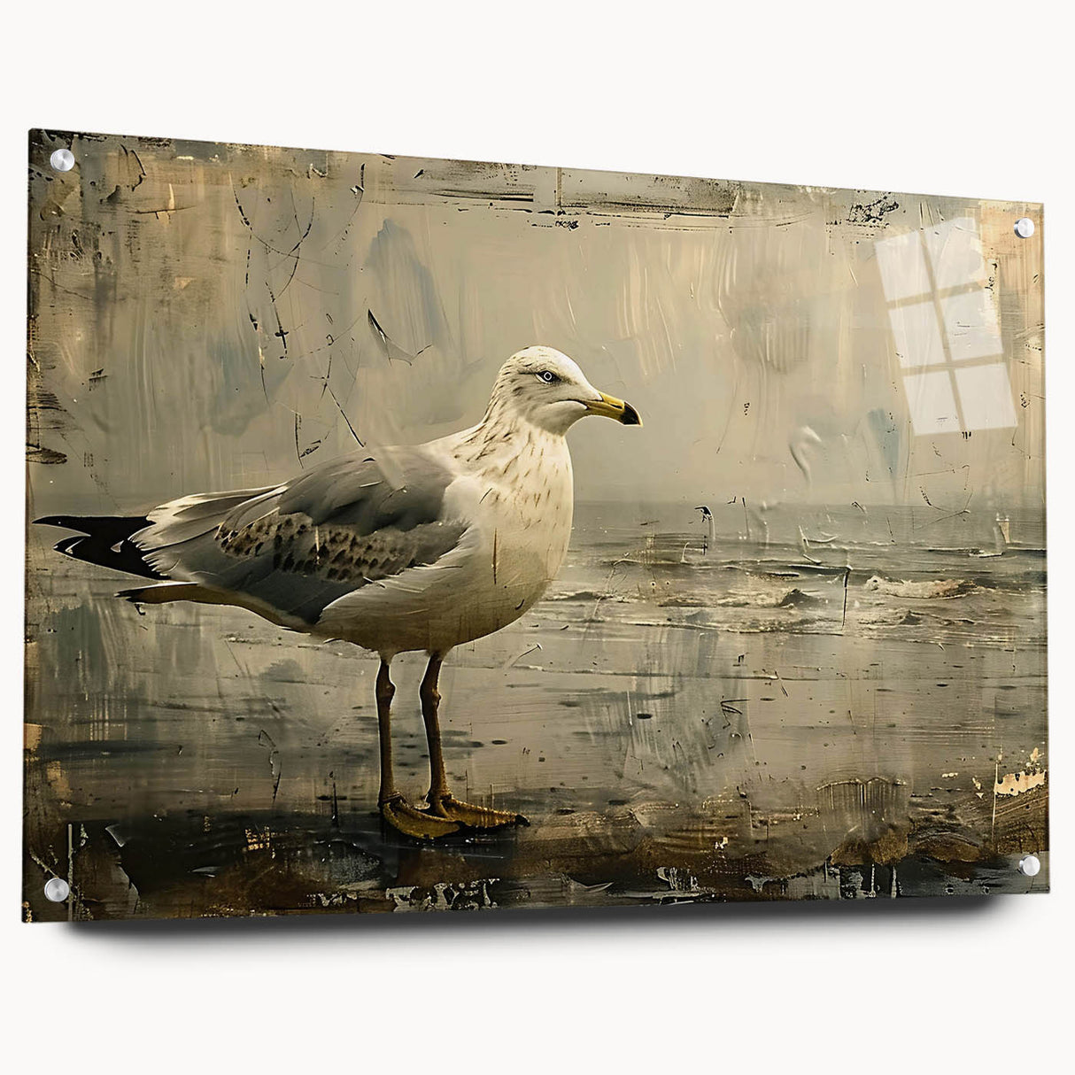 Acrylic glass wall art featuring a vibrant sea birds design, showcasing colorful birds in flight against a serene ocean backdrop, elegantly displayed with pins for hanging.