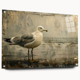 Acrylic glass wall art featuring a vibrant sea birds design, showcasing colorful birds in flight against a serene ocean backdrop, elegantly displayed with pins for hanging.