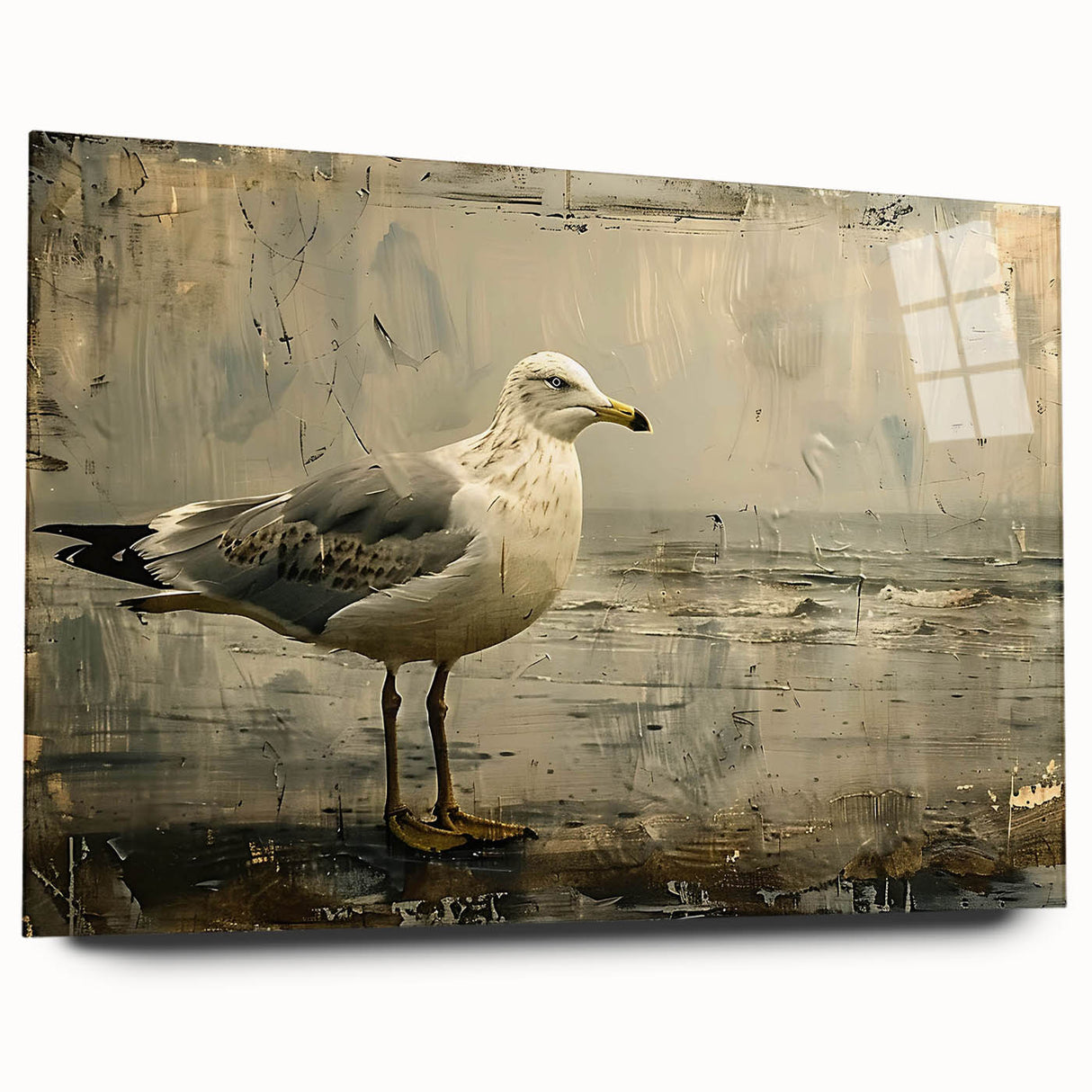 Acrylic glass wall art collection showcasing a vibrant sea birds design in colorful hues, displayed from a side view, perfect for coastal-themed decor.