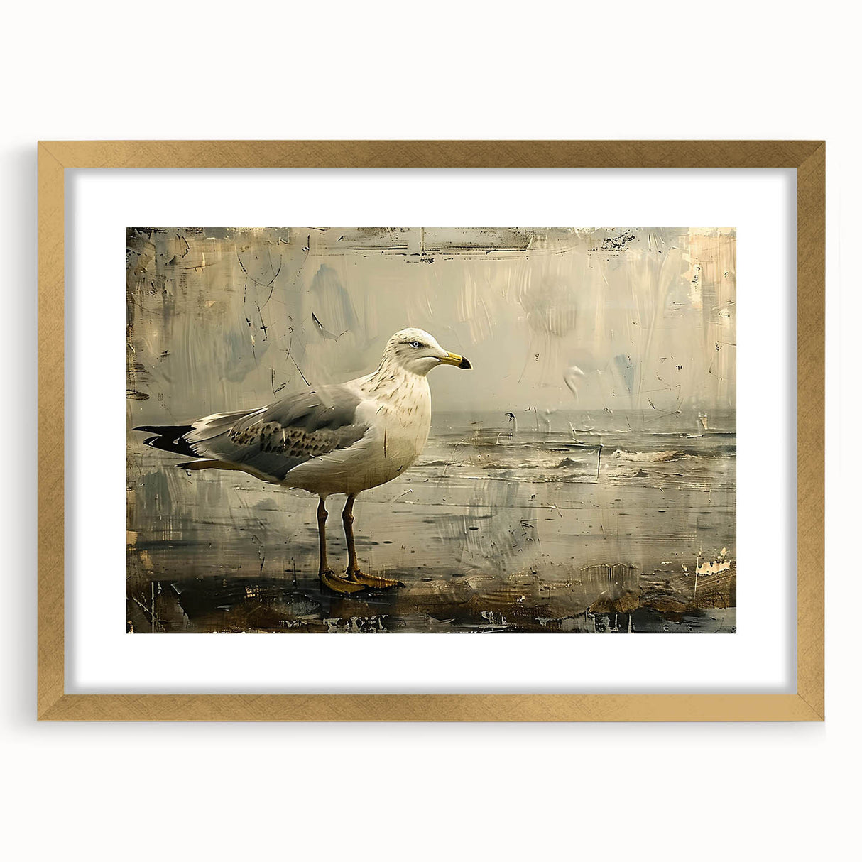 Framed wall art collection featuring elegant sea bird designs in gold and blue tones, perfect for coastal home decor, showcased with a mat for added sophistication.