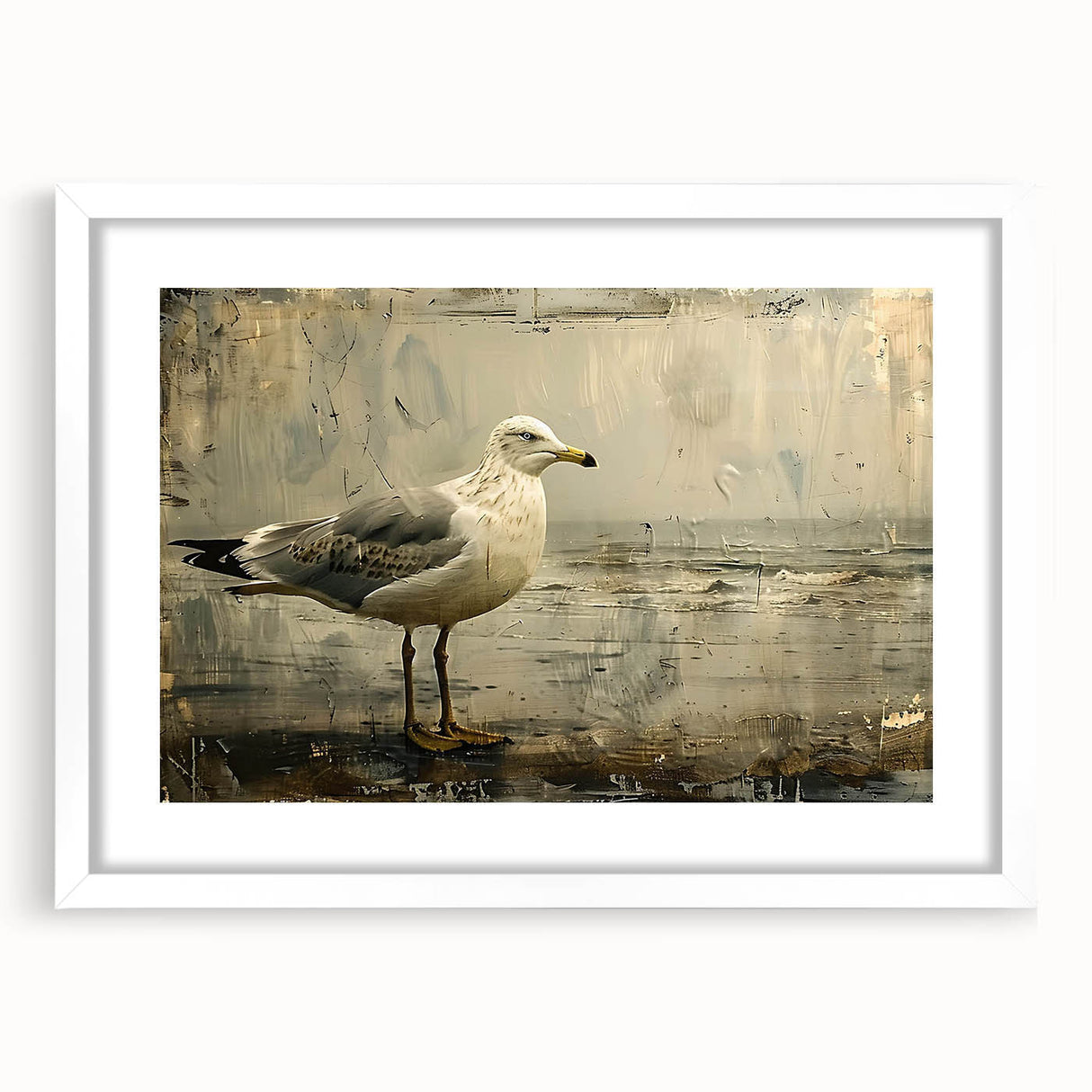 Framed wall art featuring a vibrant collection of sea birds in a coastal setting, with a sleek white mat and frame, ideal for enhancing home decor.