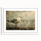 Framed wall art featuring a vibrant collection of sea birds in a coastal setting, with a sleek white mat and frame, ideal for enhancing home decor.