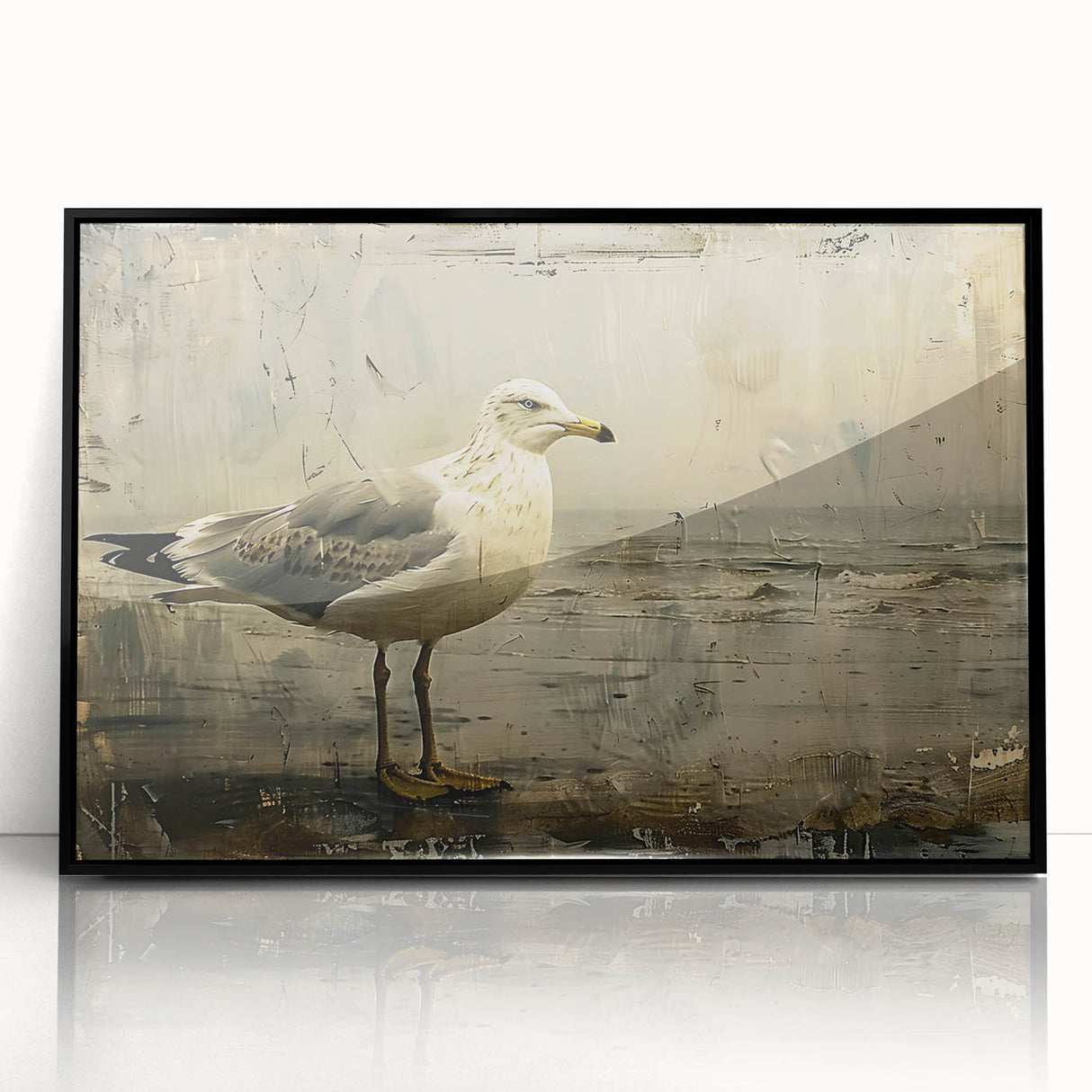 Framed wall art featuring a stunning collection of sea birds in vibrant colors against a black background, ideal for coastal home decor. The acrylic frame adds a sleek finish.