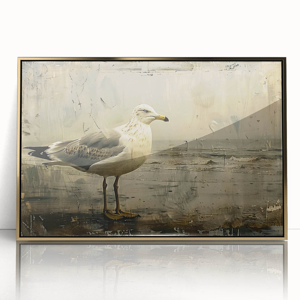Framed wall art featuring a stunning design of sea birds in flight, set against a vibrant ocean backdrop, with an elegant gold-acrylic frame enhancing its visual appeal.