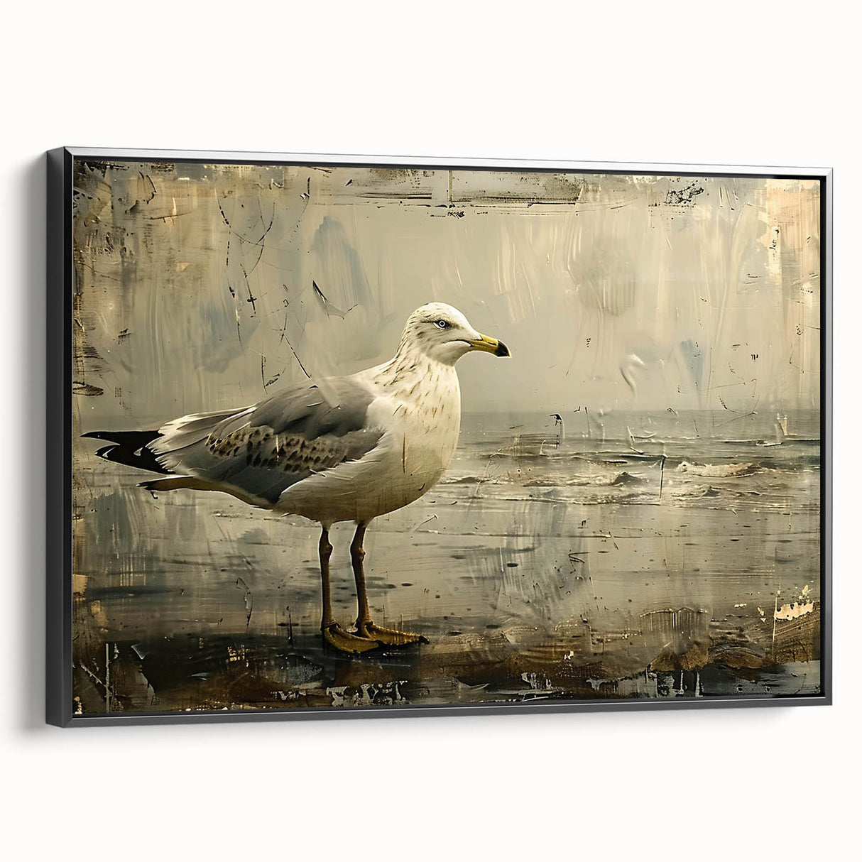 Framed wall art featuring a collection of sea birds in a vibrant design, showcased against a black background, emphasizing intricate details and textures.