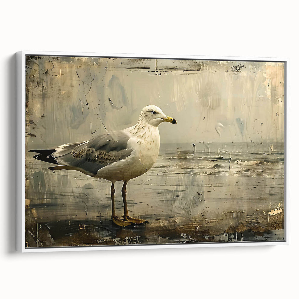 Framed canvas wall art displaying a vibrant sea birds design, featuring a white frame and side view perspective, perfect for coastal-themed decor.