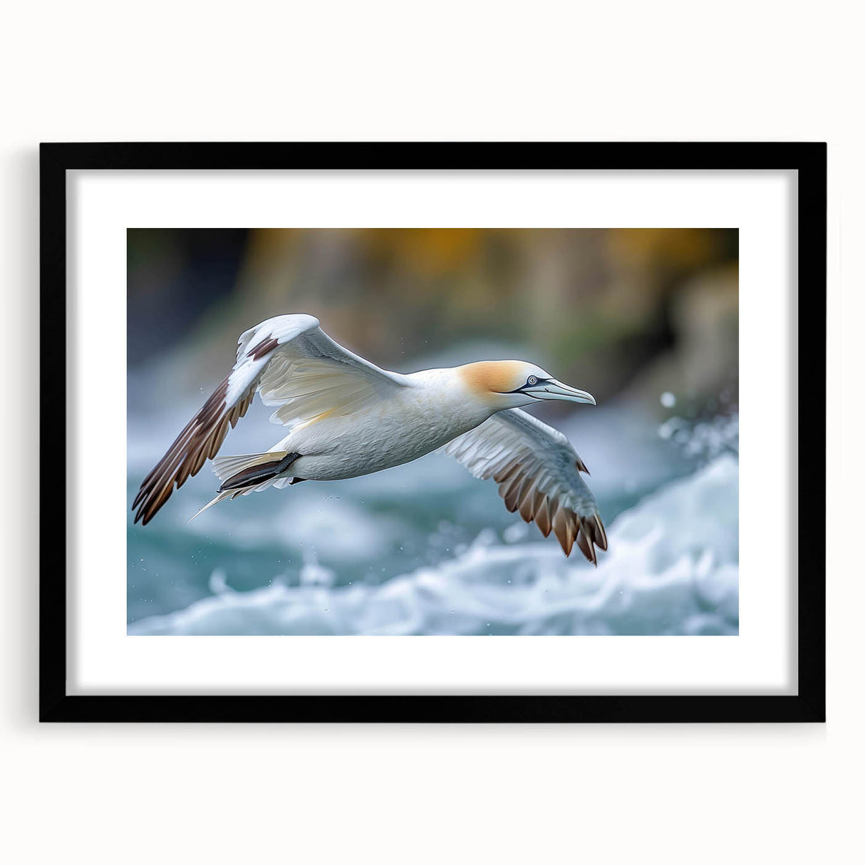 Framed wall art collection featuring a stunning design of sea birds in flight, presented in a sleek black frame with a mat, ideal for coastal-themed decor.