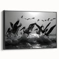 Framed wall art featuring a collection of sea bird designs on canvas, set against a black background, showcasing intricate details and vibrant colors.