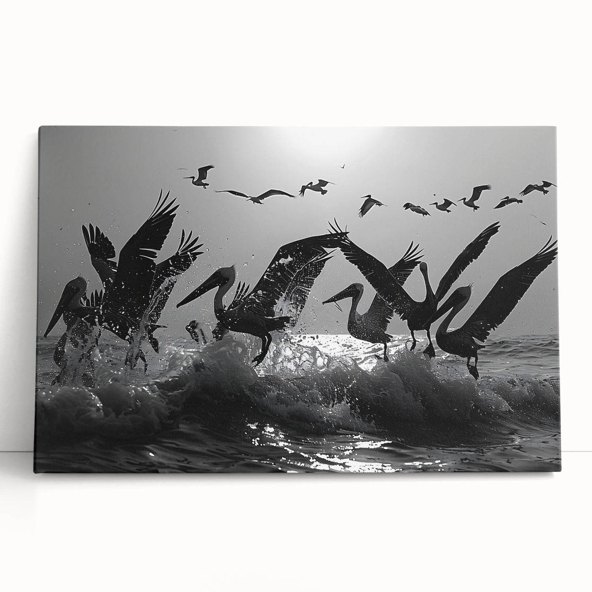 Stretched canvas wall art featuring a vibrant collection of sea birds in various colors, elegantly leaning against a light-colored wall, perfect for coastal decor.