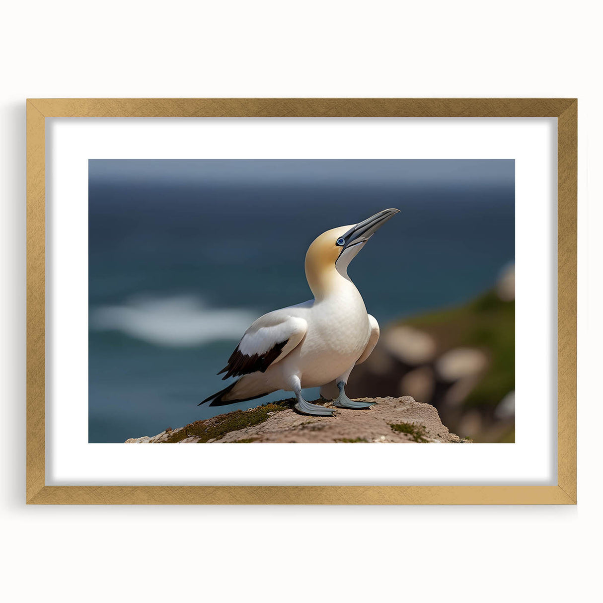 Framed wall art collection showcasing elegant sea birds in a serene coastal setting, featuring a gold frame and mat, perfect for enhancing home decor.