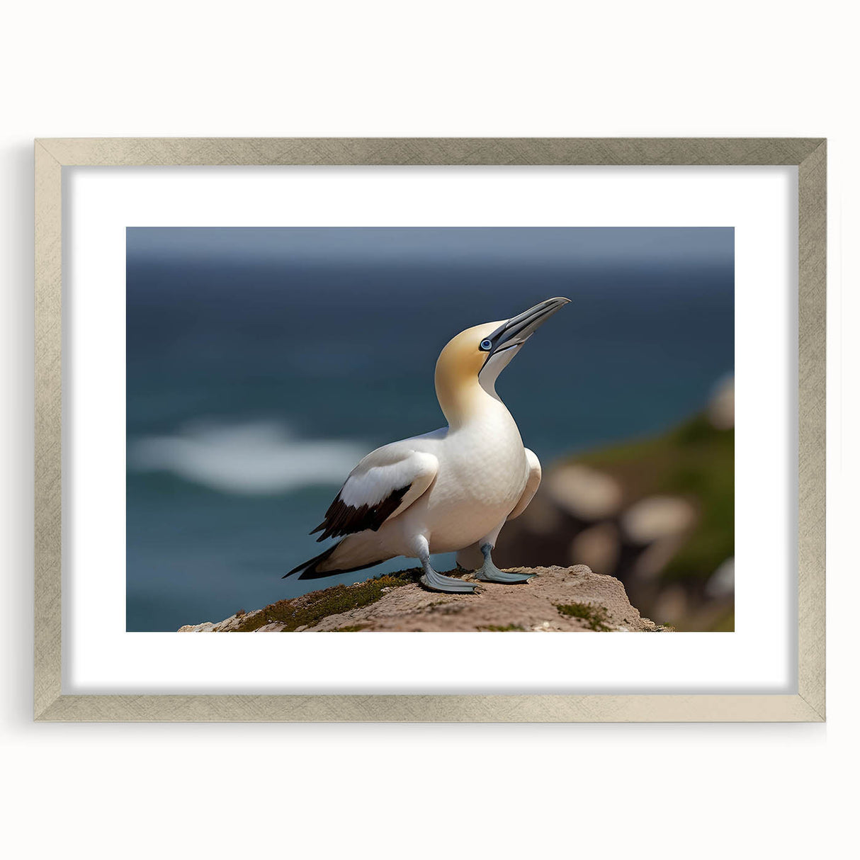 Framed wall art collection featuring a serene sea birds design, showcased in a silver frame with a white mat, ideal for coastal-themed home decor.