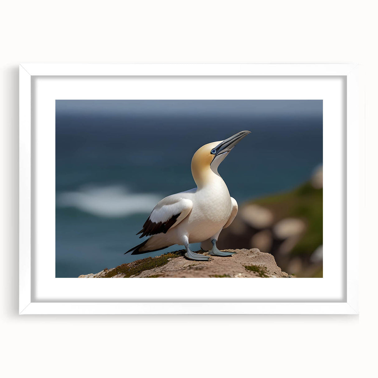 Framed wall art collection featuring various sea bird designs in a white mat, showcasing vibrant colors and intricate details, perfect for coastal decor.