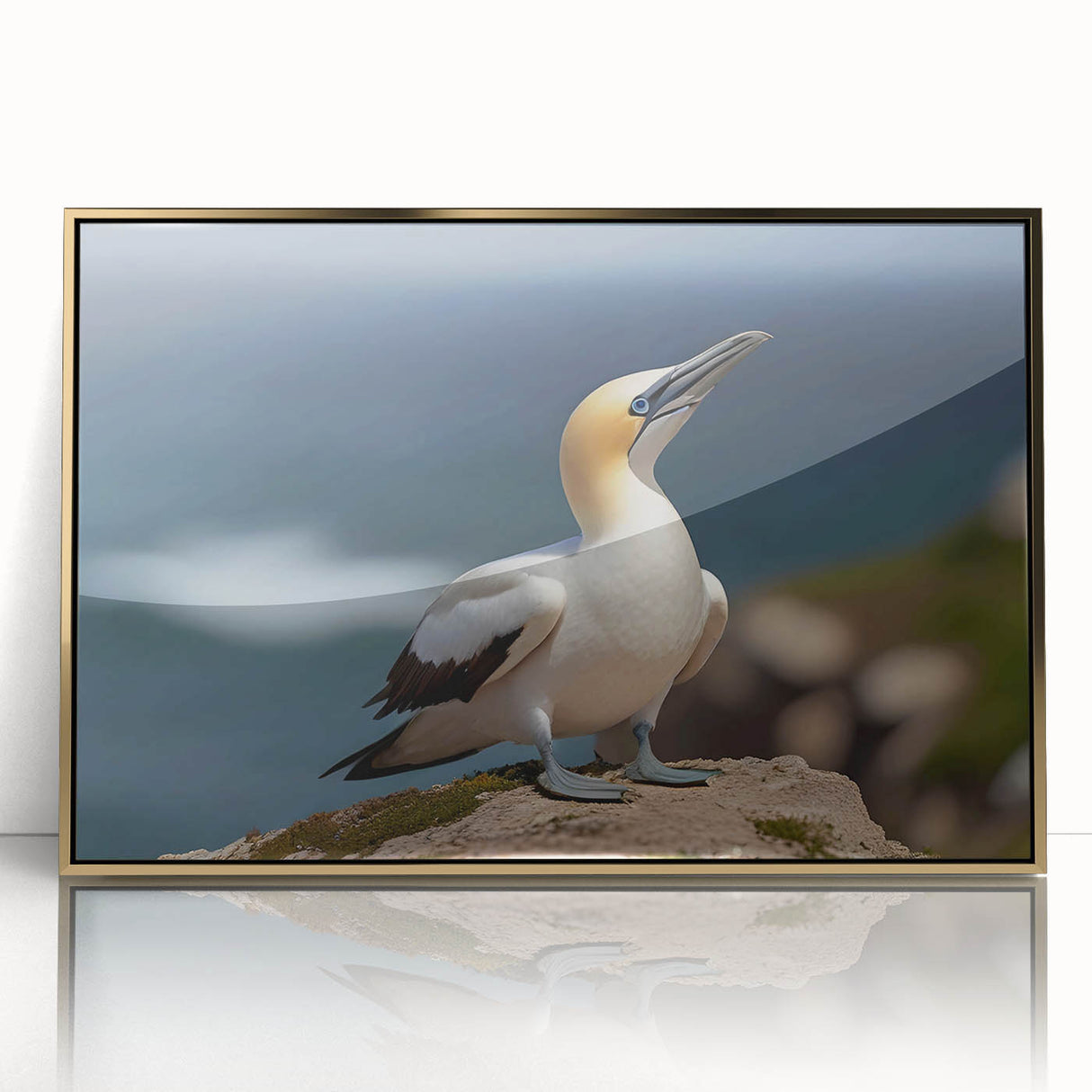 Framed wall art collection showcasing a vibrant design of sea birds in flight, featuring gold-accented acrylic front, perfect for coastal-themed decor.