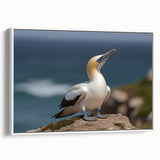 Framed canvas wall art showcasing an elegant design of various sea birds, displayed in a white frame, ideal for coastal home decor. Perfect for nature lovers.