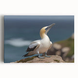 Stretched canvas wall art featuring a vibrant design of various sea birds in flight against a serene ocean backdrop, perfect for coastal-themed decor.