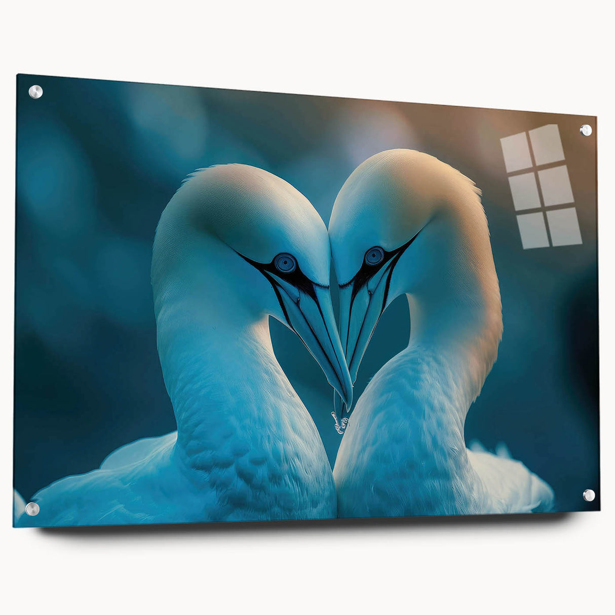 Acrylic glass wall art featuring a vibrant collection of sea birds in a stunning design. The artwork is displayed with pins, emphasizing its modern aesthetic and colorful details, perfect for coastal-themed decor.