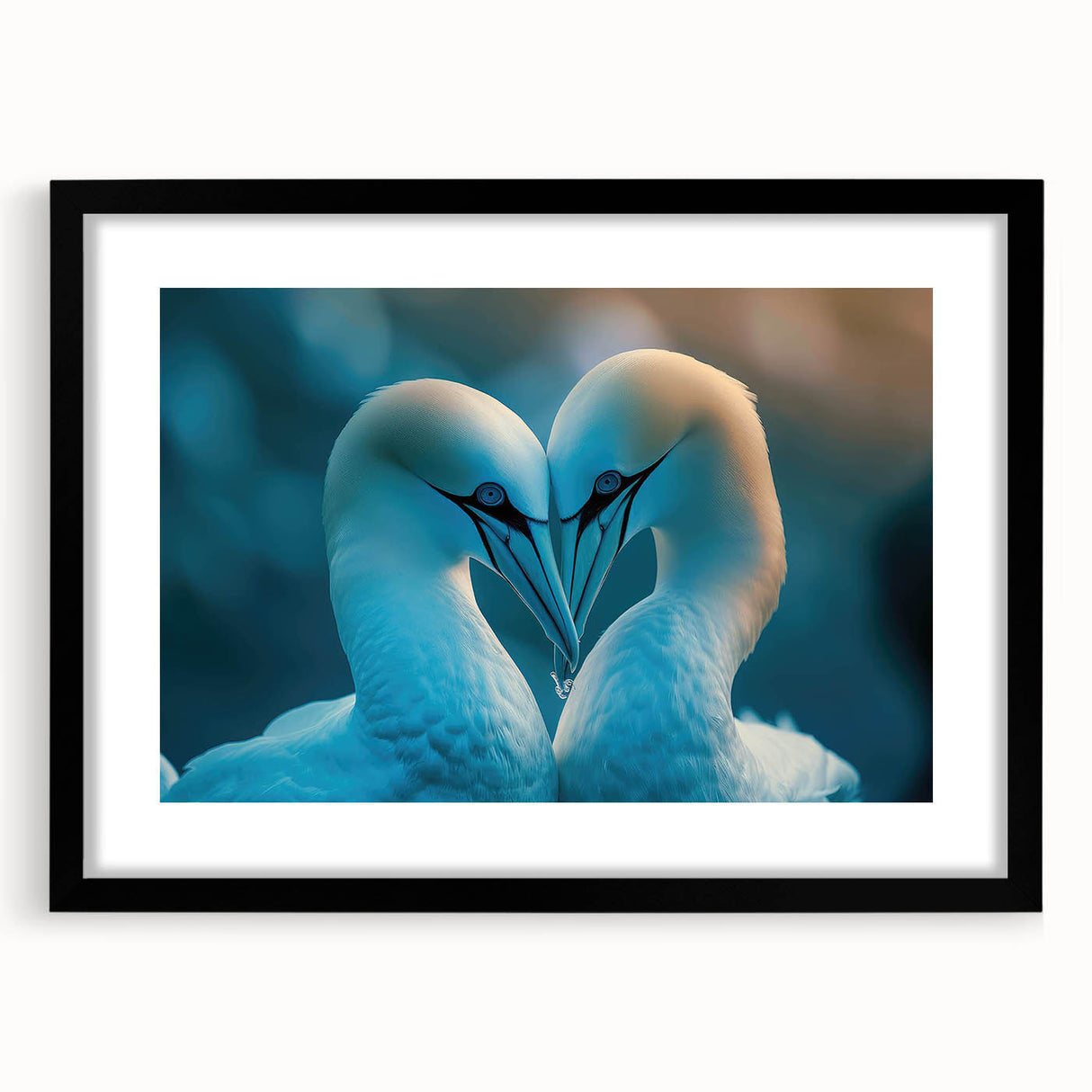 Framed wall art featuring a vibrant design of various sea birds in flight, set against a matte black background, perfect for coastal-themed decor.