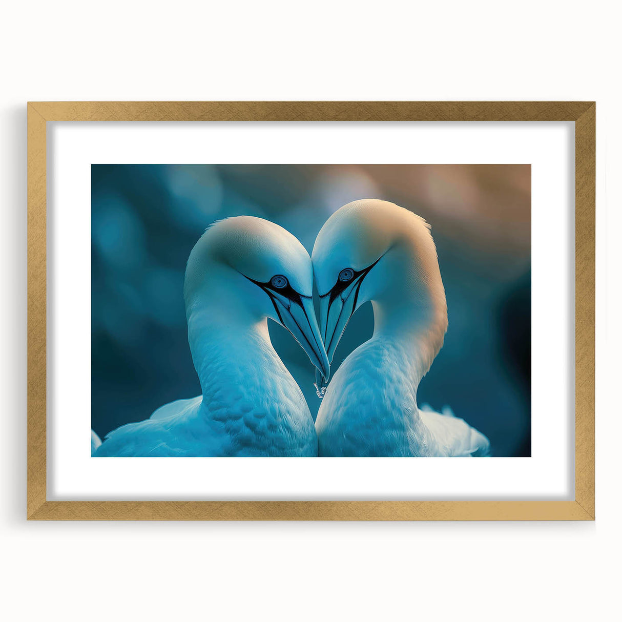 Framed wall art collection featuring a vibrant sea birds design, showcasing gold accents and a mat, ideal for coastal-themed decor. Perfect for adding elegance to any space.