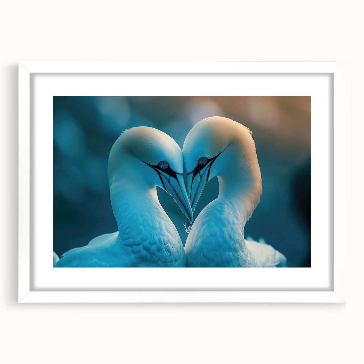 Framed wall art collection featuring a serene sea birds design in soft blues and whites, displayed with a white mat, perfect for coastal-themed decor.
