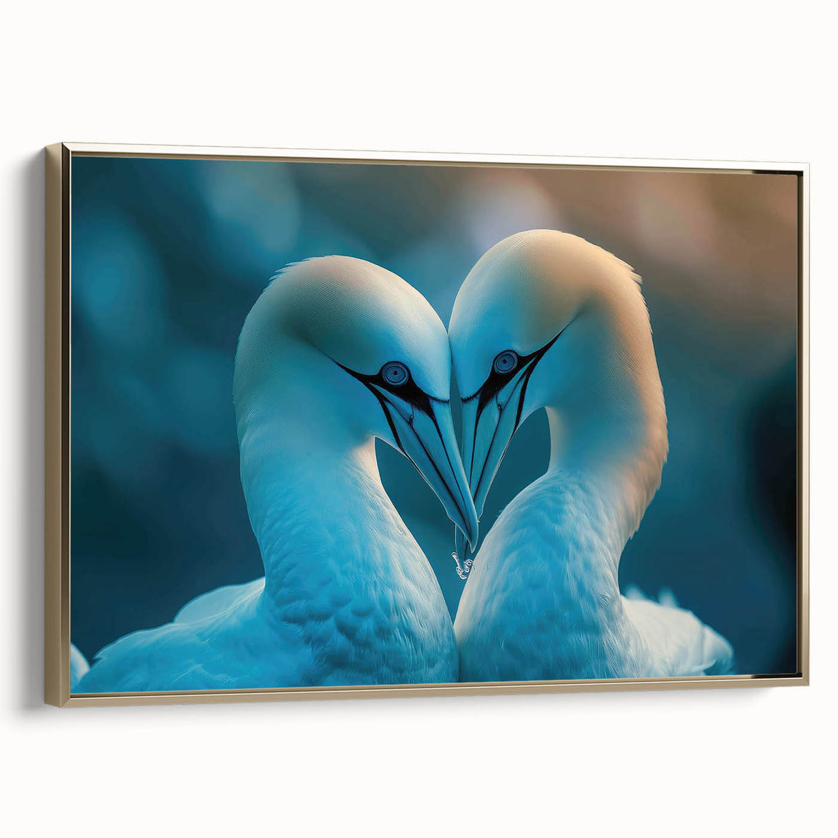 Framed wall art collection showcasing a vibrant sea birds design on canvas, featuring gold accents and a sleek side view, perfect for coastal decor enthusiasts.