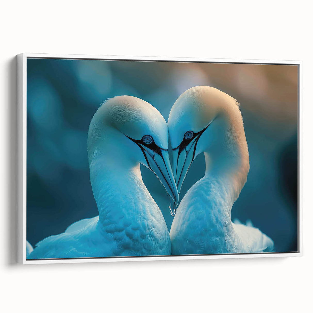 Framed canvas artwork showcasing a serene collection of sea birds in flight, featuring a minimalist white frame, perfect for coastal-themed decor and art enthusiasts.