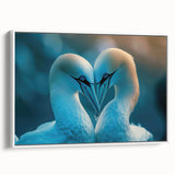 Framed canvas artwork showcasing a serene collection of sea birds in flight, featuring a minimalist white frame, perfect for coastal-themed decor and art enthusiasts.