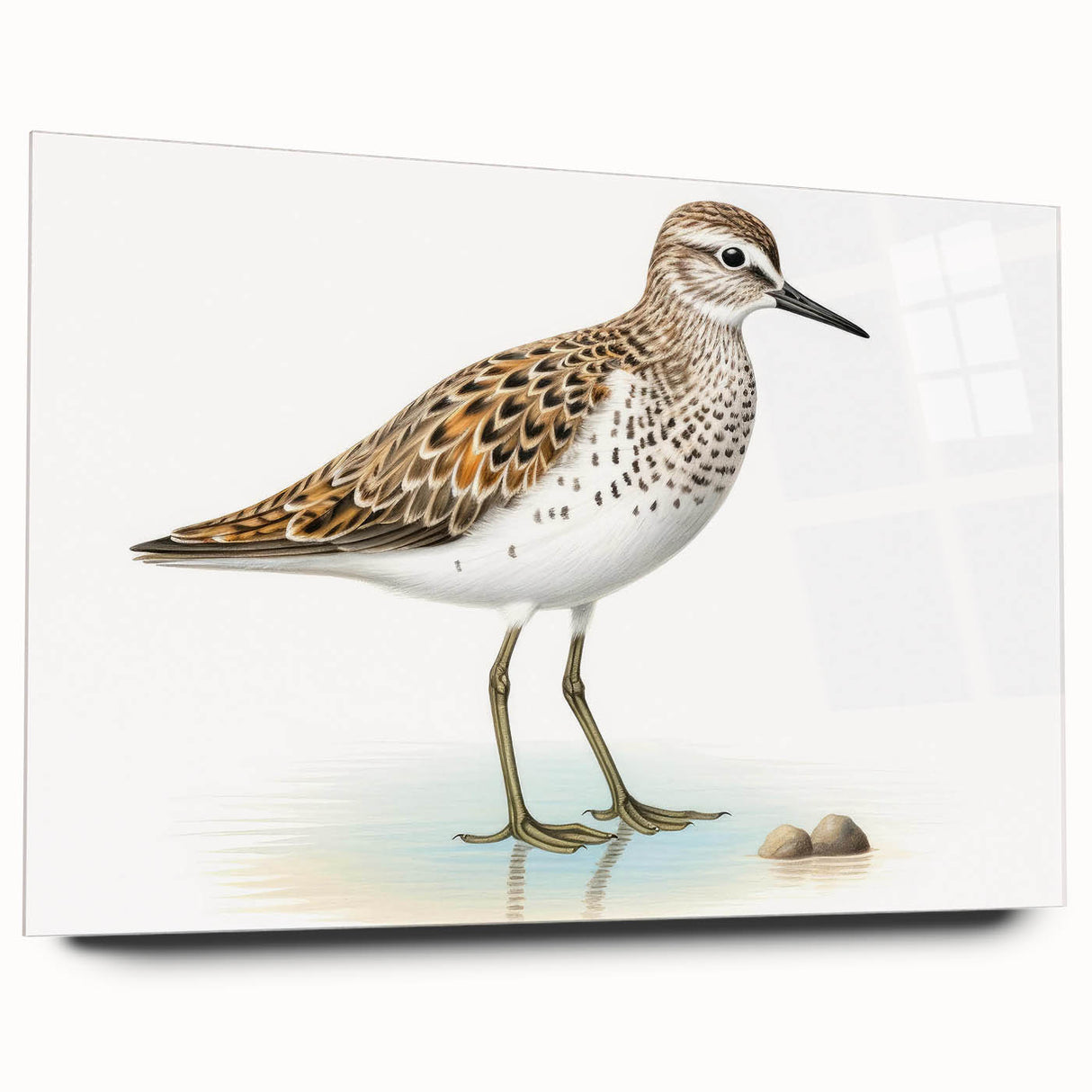 Acrylic wall art showcasing a collection of shorebirds in a vibrant design. The artwork is displayed in a side view, highlighting its sleek finish and colors. Perfect for coastal decor enthusiasts.
