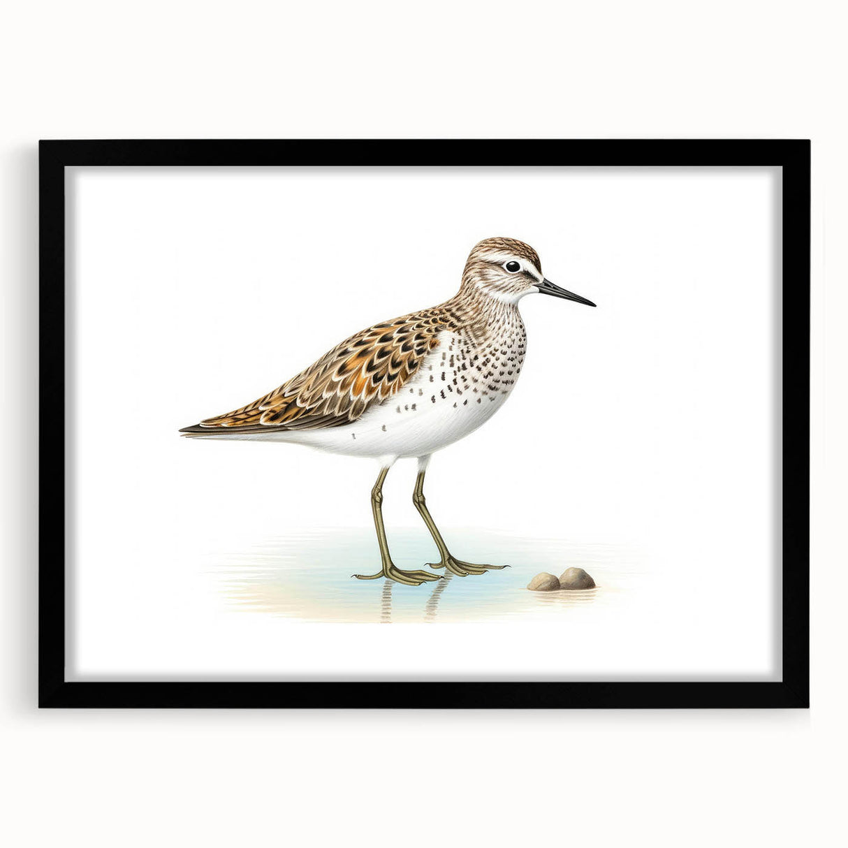 Framed wall art collection showcasing a vibrant design of shorebirds, featuring a sleek black frame and mat, ideal for coastal-themed decor.