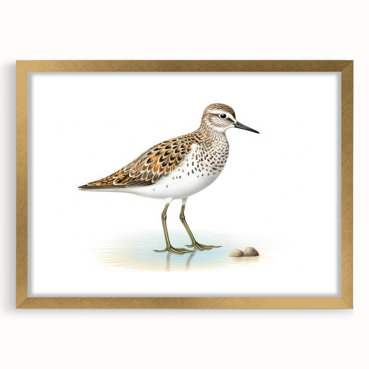 Framed wall art featuring a collection of colorful shorebirds in vibrant hues, set in a gold frame with a mat, ideal for coastal-themed decor.
