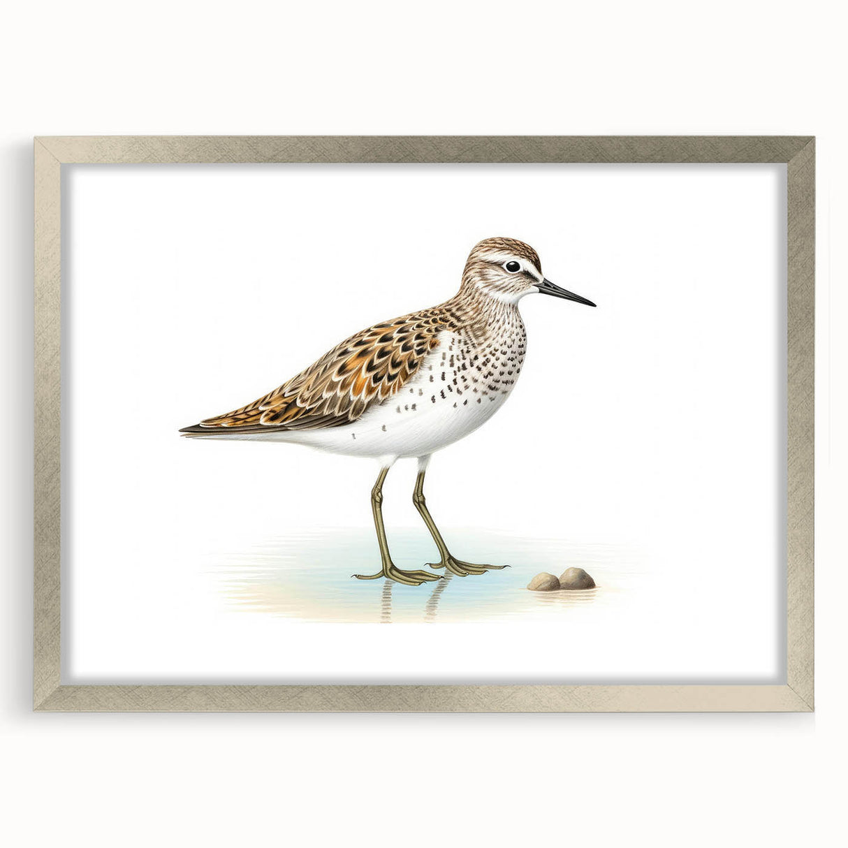 Framed wall art showcasing a collection of colorful shorebirds, featuring a sleek silver frame and white matting, perfect for coastal-themed decor.