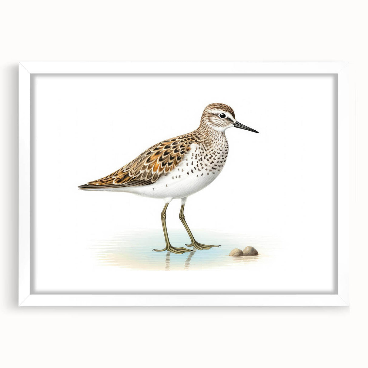 Framed wall art featuring a collection of colorful shorebirds in a natural setting, with a white mat and sleek frame, perfect for coastal-themed decor.