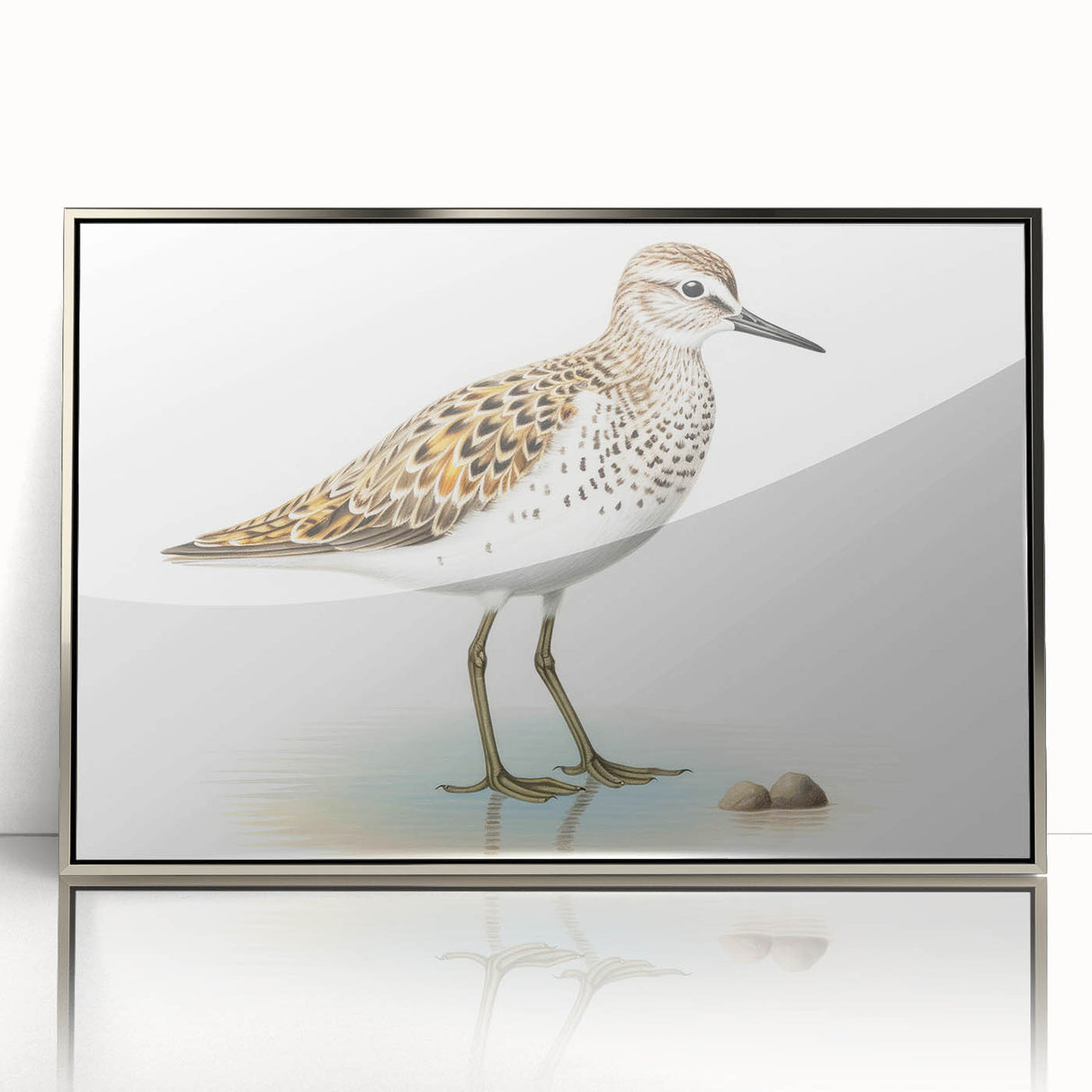 Framed wall art featuring a detailed design of shore birds, showcasing vibrant colors and intricate patterns on a silver acrylic background, perfect for coastal decor.