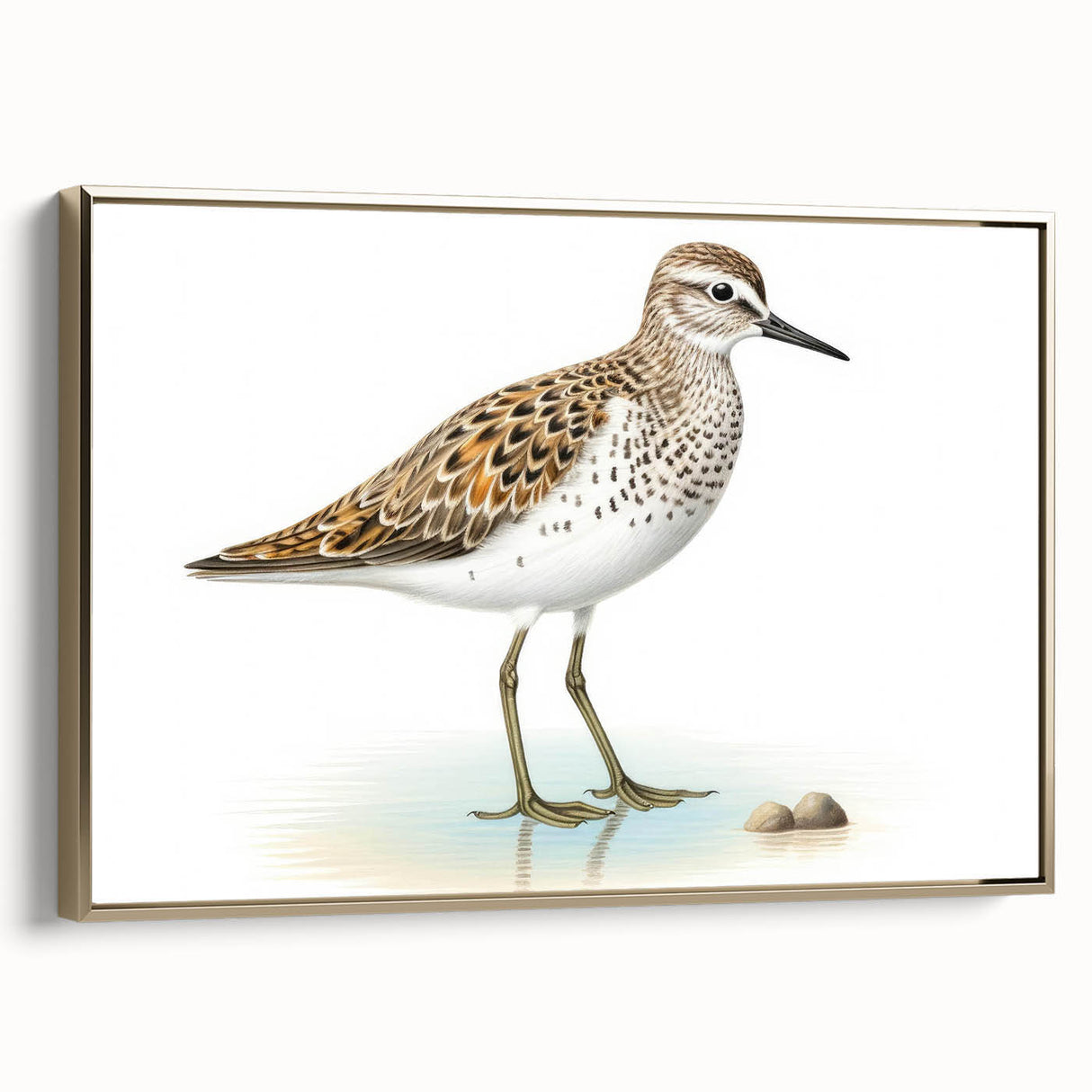 Framed canvas wall art showcasing a vibrant shorebirds design with a gold frame, perfect for coastal-themed decor. Adds elegance and nature-inspired charm to any space.