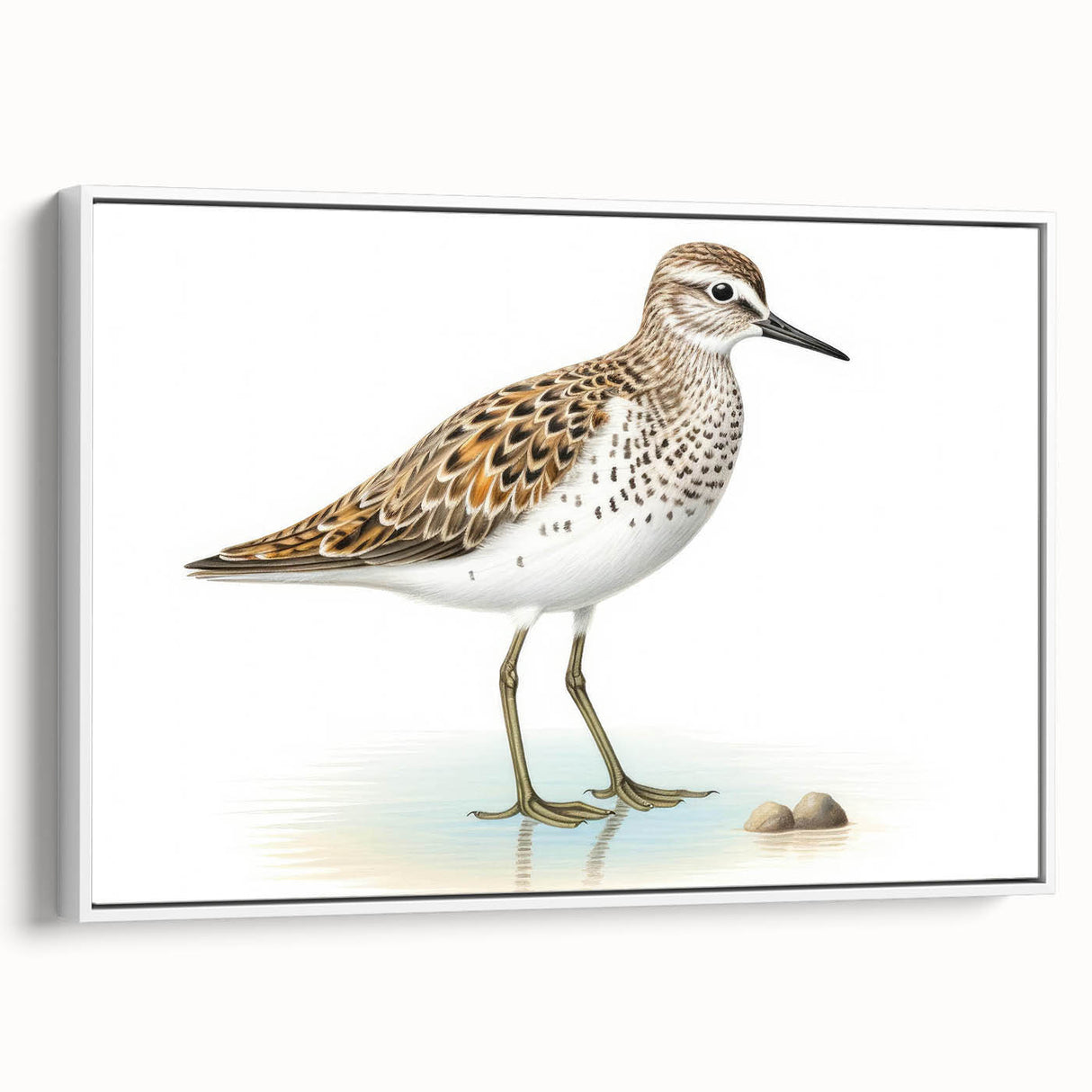 Framed wall art depicting a collection of shorebirds in a coastal setting, showcasing detailed illustrations and a white frame, perfect for nautical-themed decor.