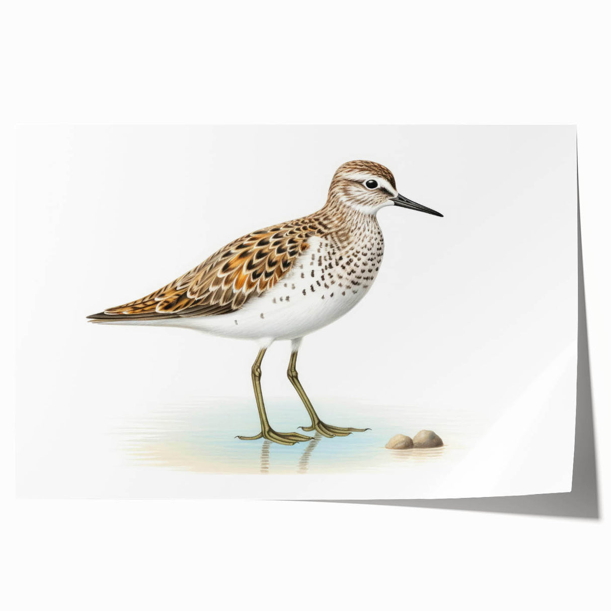 Rolled print showcasing a vibrant collection of shorebirds in various poses, ideal for coastal-themed decor, packaged securely in a protective tube.