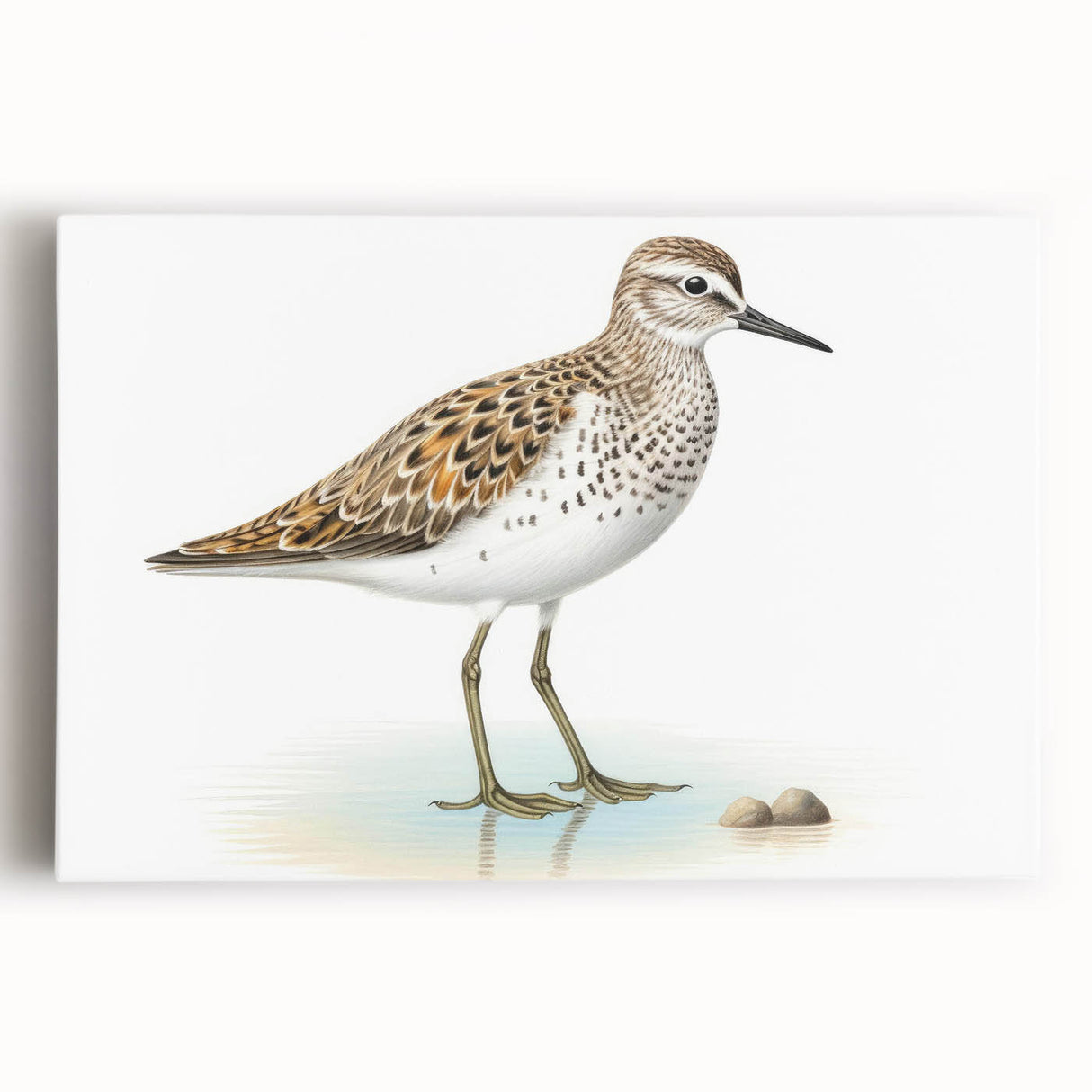 Stretched canvas wall art featuring a vibrant shore bird design with intricate details, set against a serene background, perfect for coastal decor enthusiasts.