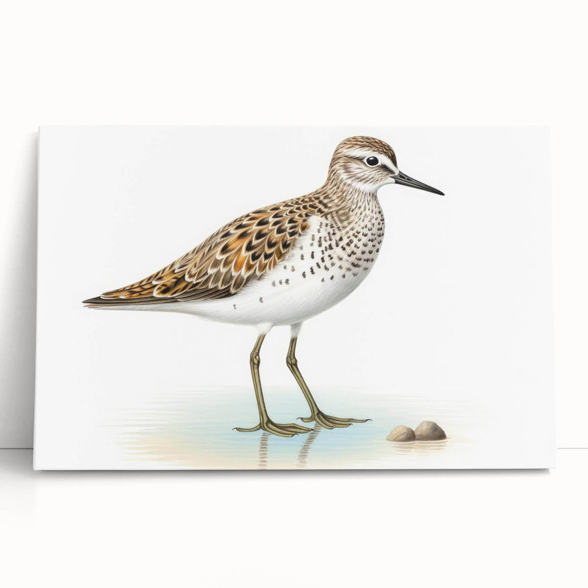 Stretched canvas wall art showcasing a vibrant collection of shore birds in natural colors, elegantly leaning against a light background, perfect for coastal decor.