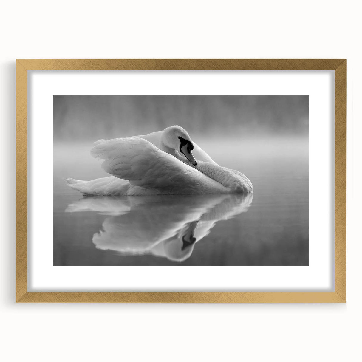 Elegant wall art featuring a swan design in gold frame, with a white mat, showcasing a serene aquatic scene, perfect for home décor enhancement.