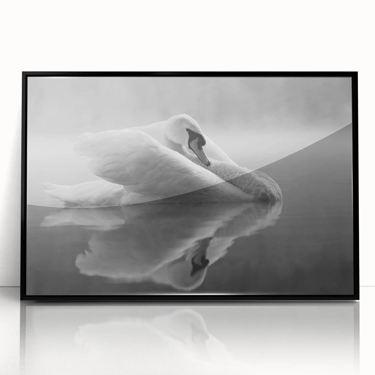 Framed wall art featuring a serene swan design in black acrylic, showcasing elegant lines and a minimalist aesthetic. Perfect for modern home decor.