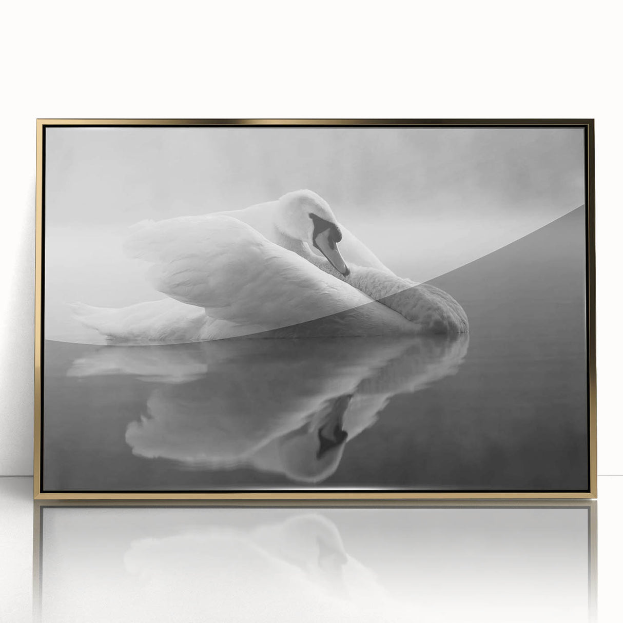 Framed wall art featuring elegant swan design in gold and white hues, set in an acrylic frame, ideal for modern home decor accents.