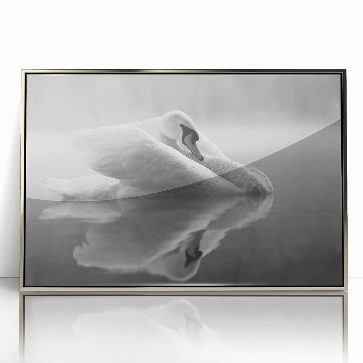 Framed wall art featuring a sleek silver-acrylic design of elegant swans, showcasing intricate details and vibrant colors, perfect for enhancing modern decor.