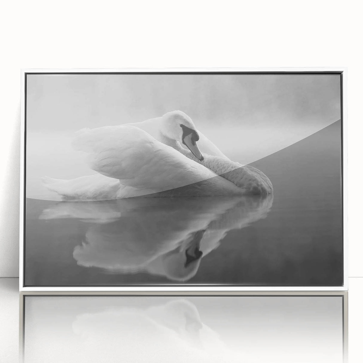 Framed wall art featuring a serene swan design in a minimalist style, showcasing a white frame and acrylic finish, perfect for modern home decor.