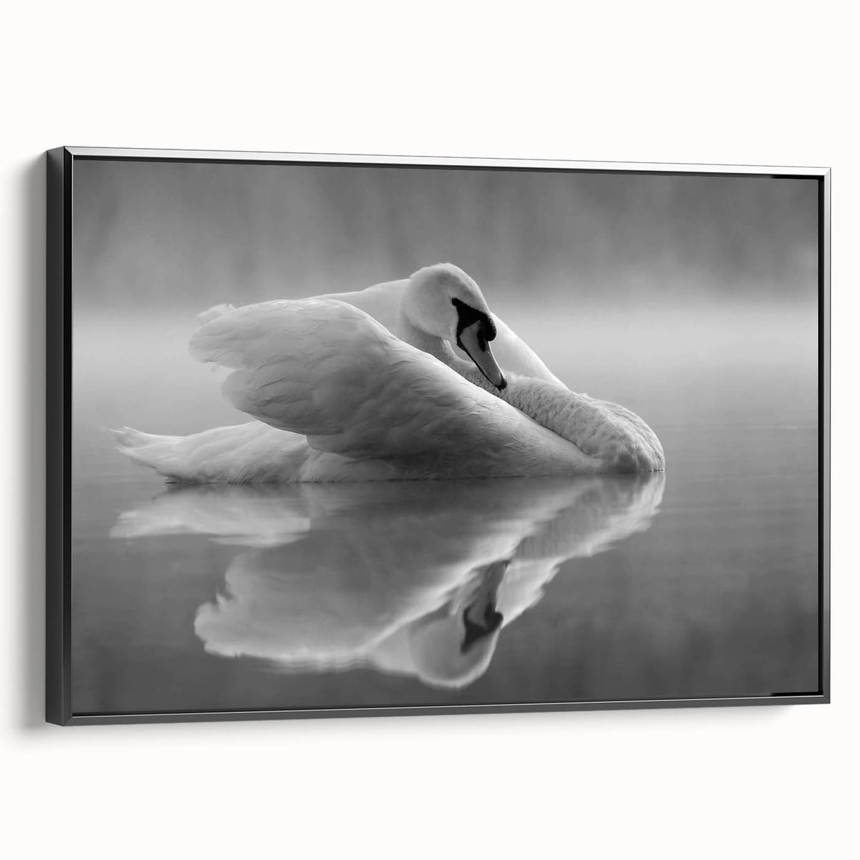 Framed wall art featuring a serene swan design in a black canvas, showcasing elegant lines and soft colors, perfect for home decor in a modern setting.