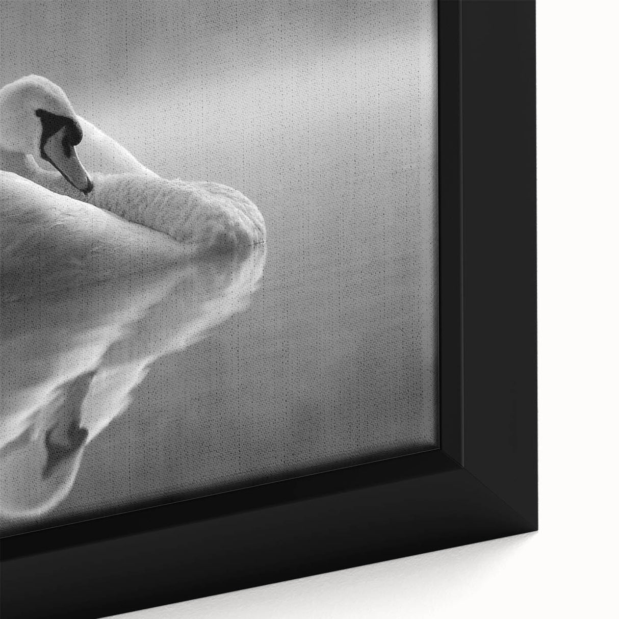 Elegant close-up of a framed canvas wall art featuring a serene swan design, showcasing soft pastel colors and intricate details, perfect for home decor.