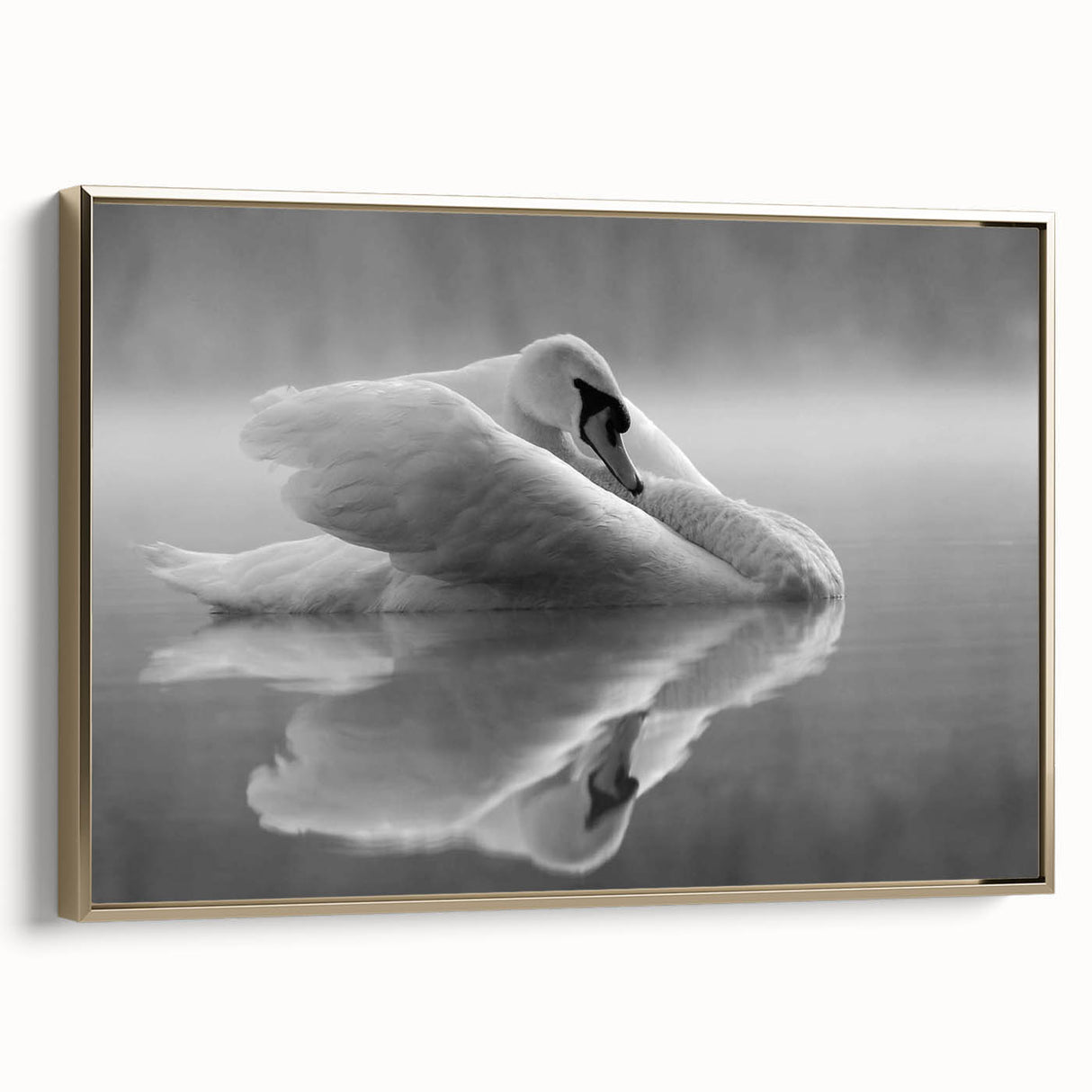 Framed canvas wall art showcasing a swan design in elegant gold tones, ideal for modern decor. This side view highlights its intricate details and luxurious finish.