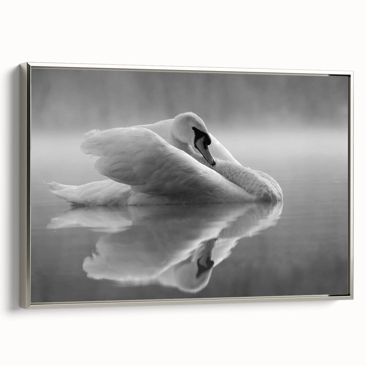 Framed wall art featuring a serene swan design in shades of silver, showcasing elegant lines and textures, perfect for enhancing modern decor in living spaces.