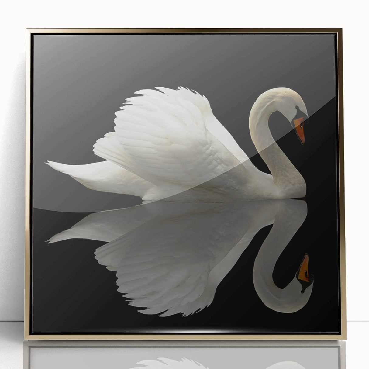 Framed wall art featuring a graceful swan design, with a gold acrylic front, ideal for elegant home decor. Perfect for enhancing modern or minimalist interiors.