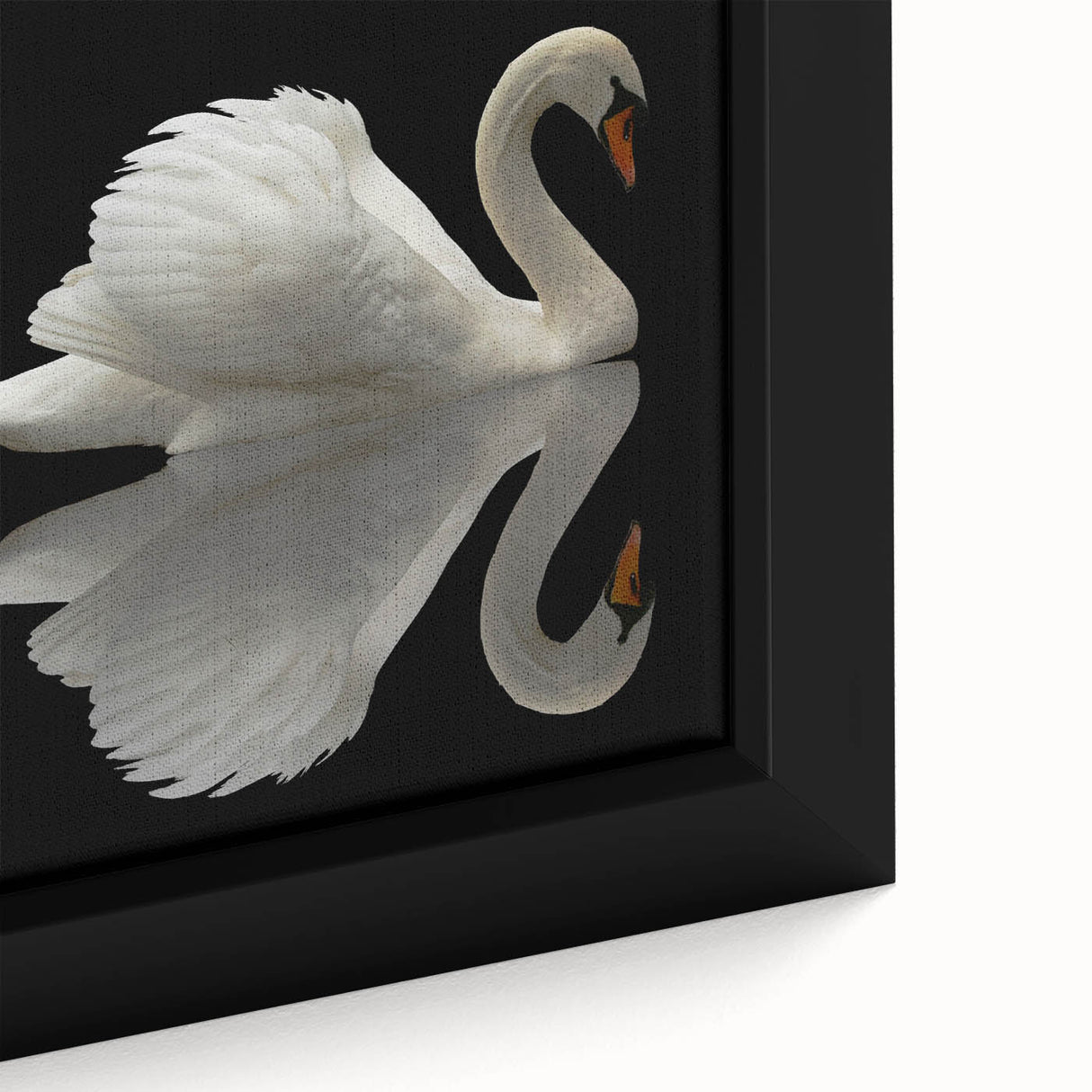 Close-up of an elegant framed canvas wall art featuring a serene swan design, showcasing intricate details and soft color tones, perfect for home decor.