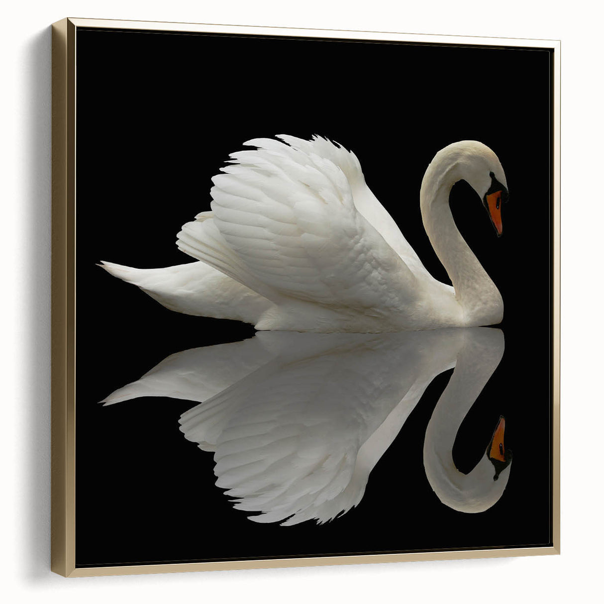 Framed canvas wall art featuring a graceful swan design in gold tones, showcasing intricate details and a modern aesthetic, perfect for home decor enhancement.